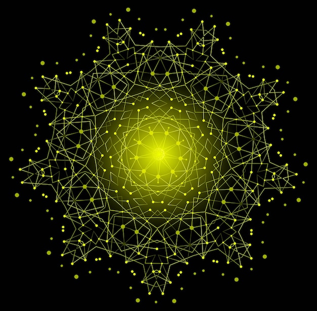 Forma brillante colorida vectorial, estructura molecular con fondo de líneas y puntos.
