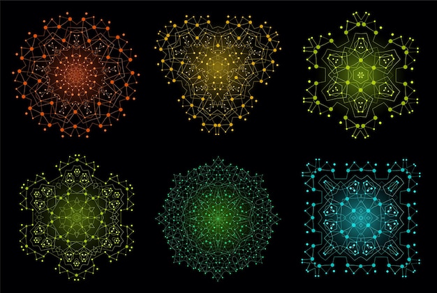 Forma de celosía brillante de colores vectoriales, estructura molecular con líneas y conjunto de fondo de puntos.