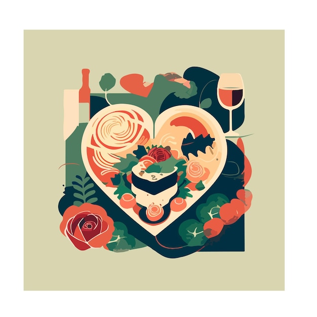 Vector forma de corazón, día de san valentín, 14 de febrero, vino, pasta, vector, ilustrador