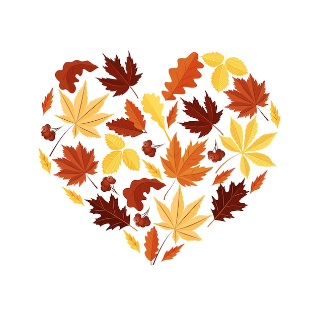 La forma de un corazón hecho de hojas caídas El concepto de amor por el otoño Un elemento de diseño