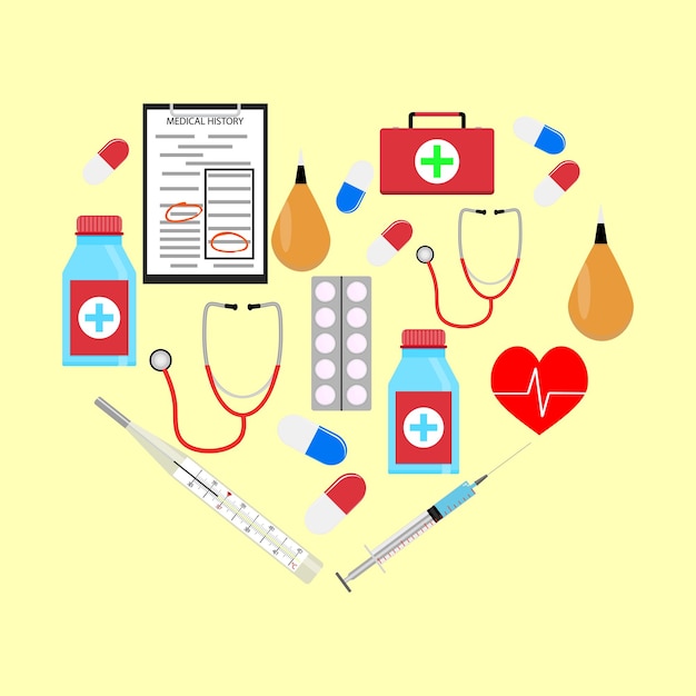 Forma de corazón con iconos de medicina