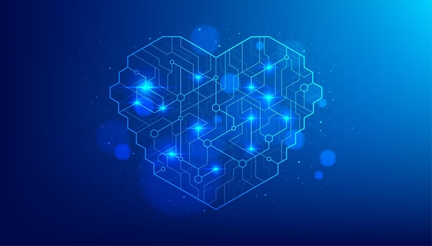 Vector forma de corazón de una inteligencia artificial con puntos de línea sobre fondo de color azul oscuro concepto de corazón de tecnología digital