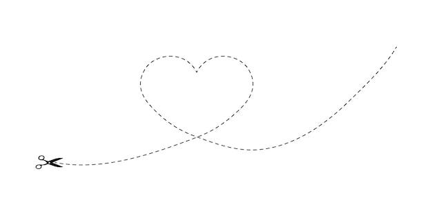 Forma de corazón con línea punteada y tijeras que simbolizan el amor cortante