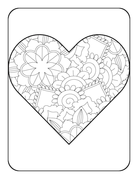 Forma de corazón con patrón de mandala floral Página para colorear de corazón Página para colorear para adultos
