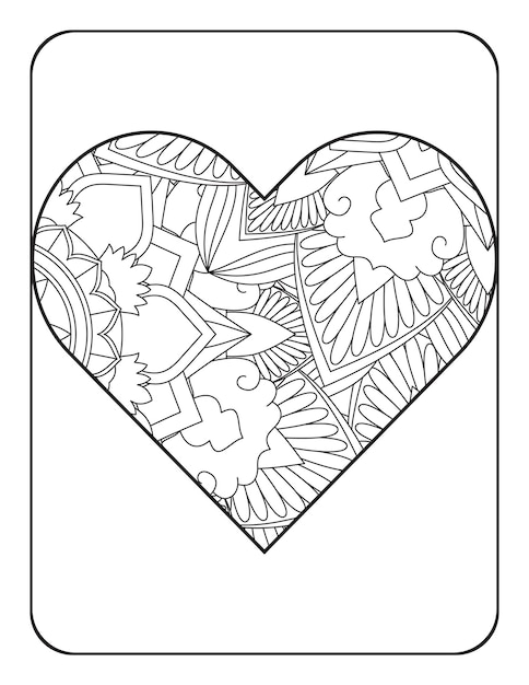 Forma de corazón con patrón de mandala floral Página para colorear de corazón Página para colorear para adultos