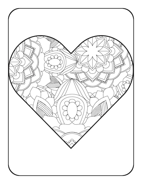 Forma de corazón con patrón de mandala floral Página para colorear de corazón Página para colorear para adultos