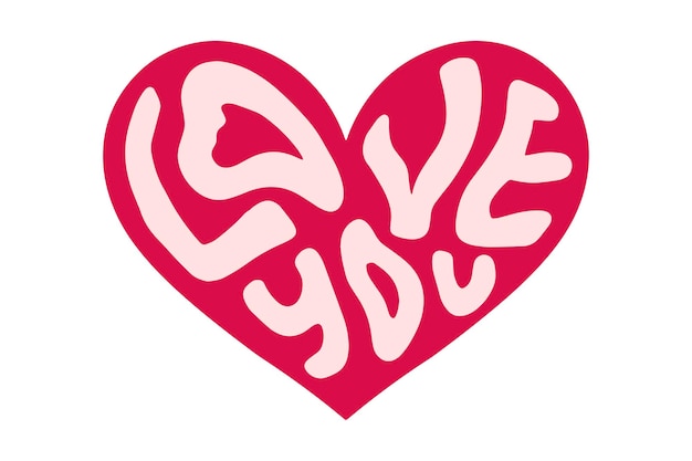 Forma de corazón con resumen líquido Love You texto de letras romántico corazón groovy ilustración groovy pegatina del día de San Valentín estilo hippie retro boho colorido