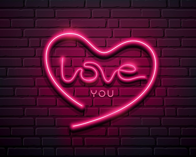 Forma de corazón te amo mensaje neón iight diseño de color rosa en la pared del bloque fondo negro Eps 10