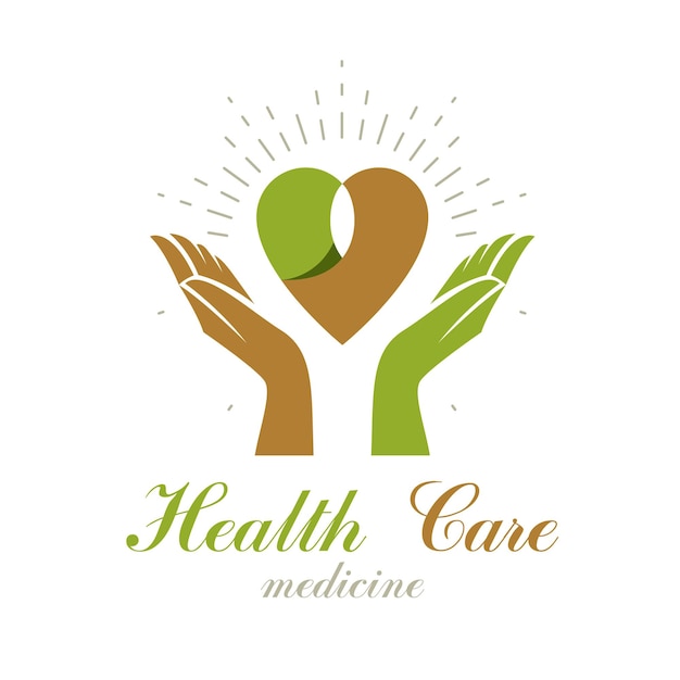 Forma de corazón vectorial compuesta por hojas verdes y manos cariñosas. Logotipo abstracto de rehabilitación médica para uso en organizaciones benéficas.