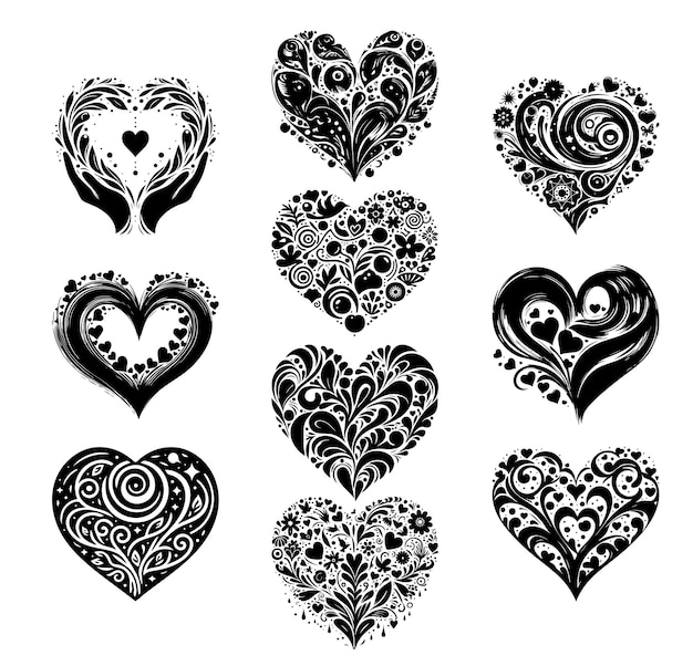 Forma creativa de corazones en silueta negra con patrón abstracto y floral