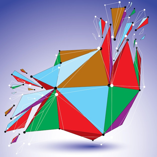 Forma demolida en perspectiva, líneas y puntos conectados, objeto de estructura alámbrica digital poligonal brillante. Efecto de explosión, elemento facetado resquebrajado en múltiples fragmentos. Tecnología de la comunicación.