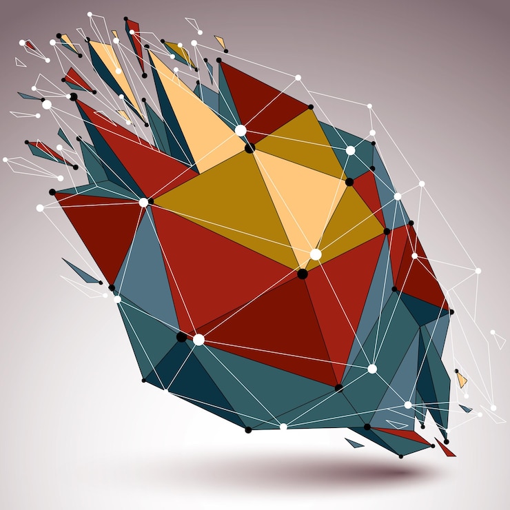 Vector forma demolida en perspectiva, líneas y puntos conectados, objeto de estructura alámbrica digital poligonal brillante. efecto de explosión, elemento facetado resquebrajado en múltiples fragmentos. tecnología de la comunicación.