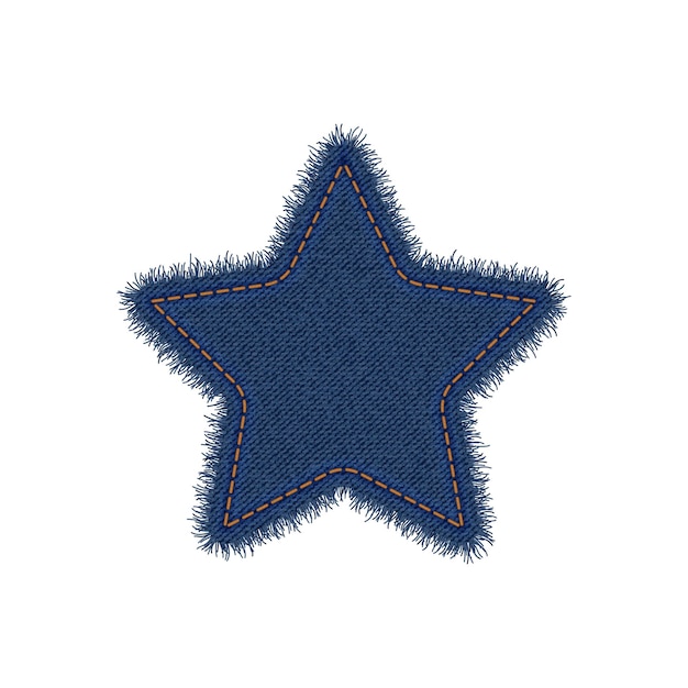 Forma de estrella de mezclilla con costura parche de jean rasgado con puntadas ilustración realista vectorial sobre fondo blanco