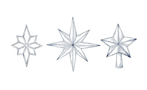 Forma de estrella de Navidad dibujada a mano Ilustración vectorial aislada Conjunto de estrellas de juguete de árbol de Navidad Grabado