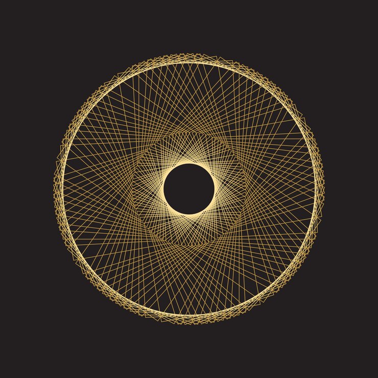 Forma fractal tecnológica circular abstracta dorada sobre fondo negro