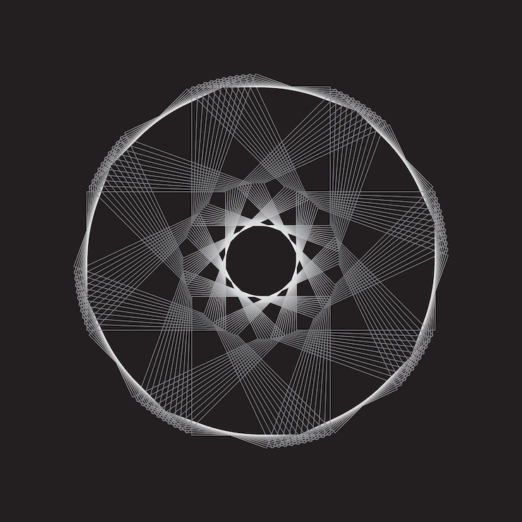 Forma fractal tecnológica circular geométrica abstracta blanca sobre fondo negro