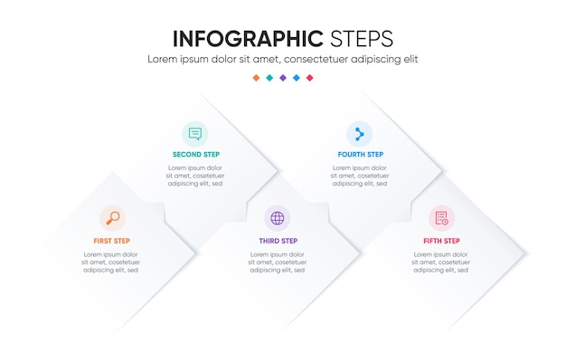Vector forma geométrica de 5 pasos con plantilla infográfica de flecha. paso colorido presentación infográfica