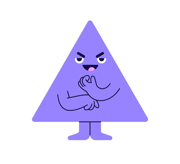 Forma geométrica astuta, graciosa, linda, astuta, personaje engañoso, trama, planificación, geometría tortuosa, figura pensativa, maldad, triángulo complicado, ilustración vectorial plana aislada sobre un fondo blanco.