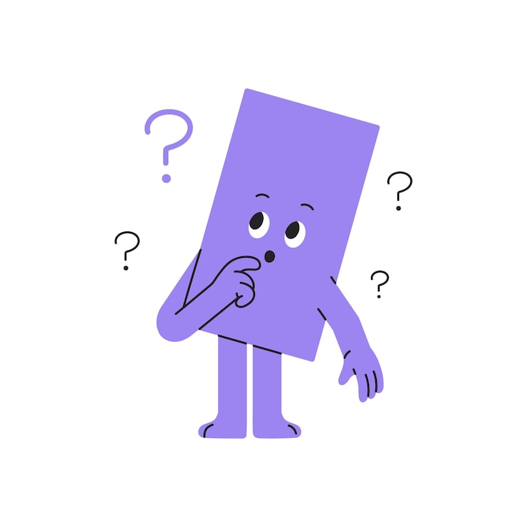 Vector forma geométrica desconcertada con signos de interrogación pensando figura rectangular pensativa dudas pregunta personaje con expresión facial confusa ilustración vectorial aislada plana sobre fondo blanco