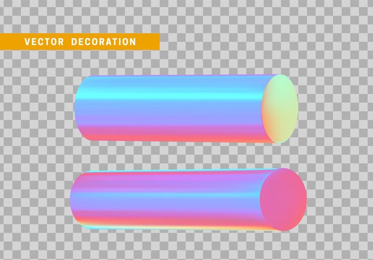 Vector forma geométrica de objetos 3d de cilindro. establecer madera redonda aislada con colorido degradado de color camaleón holograma. ilustración vectorial