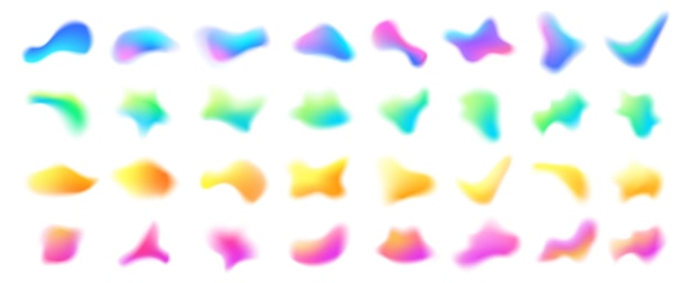 Forma de gradiente borroso malla de gradiente manchas líquidas coloridas punto de borrón de fluido 3D y brillo de color dinámico formas de manchas abstractas con colores mezclados suaves conjunto vectorial aislado