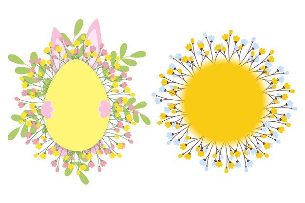 Forma de huevo de Pascua y círculo marcos de primavera con flores y orejas de conejo en ramas conjunto aislado de