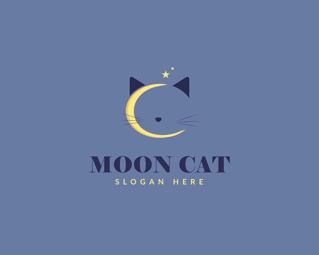 Forma de luna Diseño del logotipo del gato Plantilla vectorial Concepto de diseño del logotipo del animal de compañía