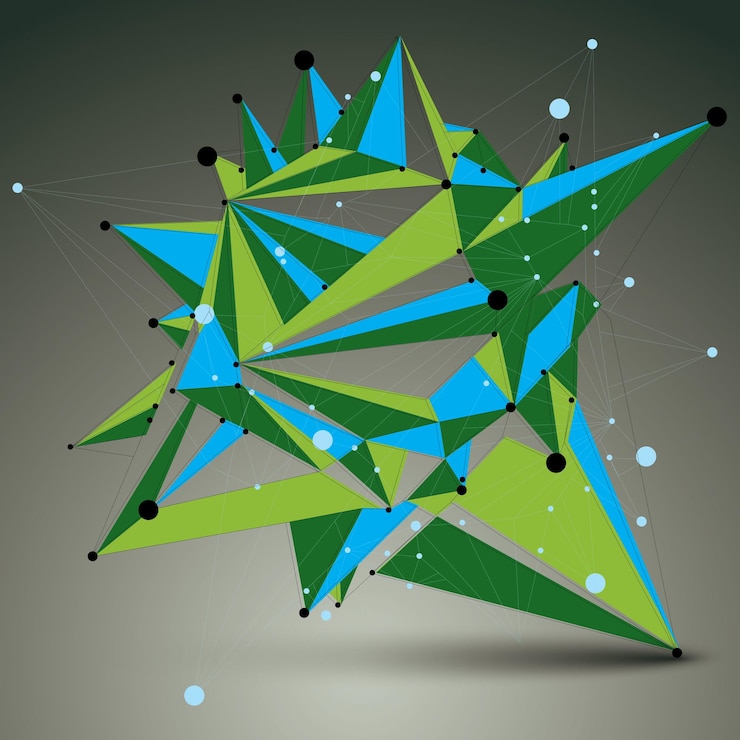 Vector forma de malla colorida de tecnología abstracta vectorial 3d, objeto de encaje geométrico de perspectiva verde con estructura alámbrica.