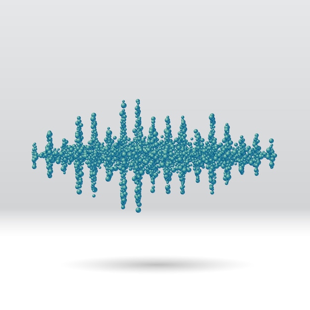 Forma de onda de sonido hecha de caóticas bolas azules dispersas