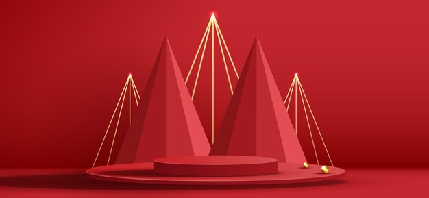 Forma de podio para la exhibición de productos cosméticos para el día de Navidad o Año Nuevo Exhibición de productos en fondo rojo con diseño vectorial de árbol navideño