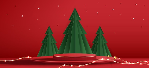 Forma de podio para la exhibición de productos cosméticos para el día de Navidad o Año Nuevo Exhibición de productos en fondo rojo con diseño vectorial de árbol navideño