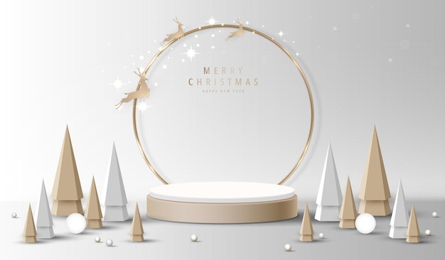 Forma de podio para la exhibición de productos cosméticos para el día de Navidad o Año Nuevo Exhibición de productos en fondo rojo con iluminación diseño vectorial navideño