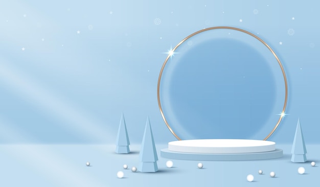 Forma de podio para la exhibición de productos cosméticos para el día de Navidad o Año Nuevo Exhibición de productos en fondo rojo con iluminación diseño vectorial navideño