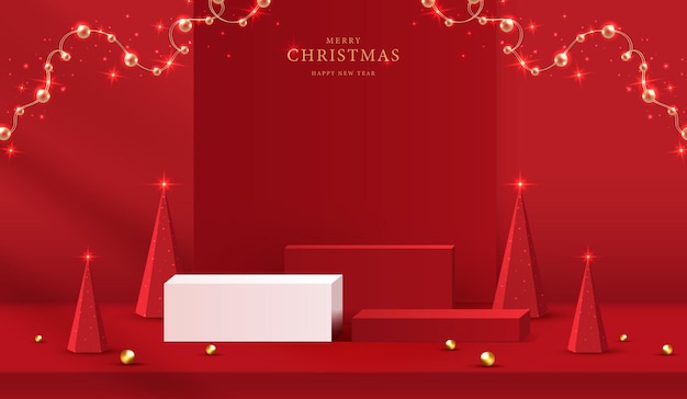 Forma de podio para la exhibición de productos cosméticos para el día de Navidad o Año Nuevo Exhibición de productos en fondo rojo con iluminación diseño vectorial navideño