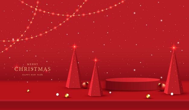 Forma de podio para la exhibición de productos cosméticos para el día de Navidad o Año Nuevo Exhibición de productos en fondo rojo con iluminación diseño vectorial navideño
