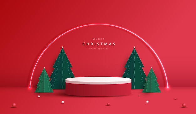 Forma de podio para exhibir productos cosméticos para el día de Navidad o Año Nuevo, exhibición de productos en fondo rojo con árbol de Navidad, bola dorada y diseño vectorial de luz
