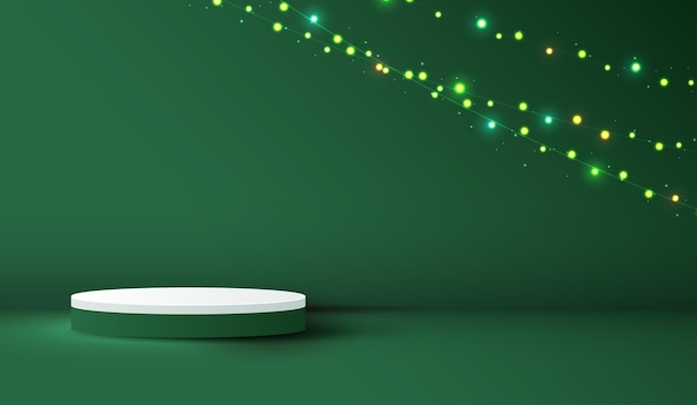 Forma de podio para exhibir productos cosméticos para el día de Navidad o Año Nuevo, exhibición de productos en fondo verde y diseño vectorial de luz