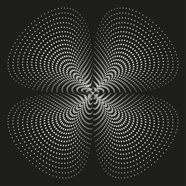 Forma de punto floral Floración de ilusión óptica Simetría de fondo negro Patrón vectorial abstracto