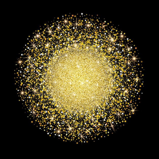 Forma redonda dorada de estrellas y brillo Estrellas que caen y brillo sobre fondo oscuro Confeti de estrellas para la invitación de la tarjeta de felicitación navideña de celebración de Navidad Año Nuevo