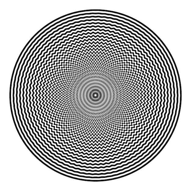 Forma redonda negra abstracta sobre fondo blanco Ilusión óptica de superficie distorsionada Rayas retorcidas en círculo Superficie 3d estilizada Ilustración vectorial Ideal para carteles publicitarios de arte mural