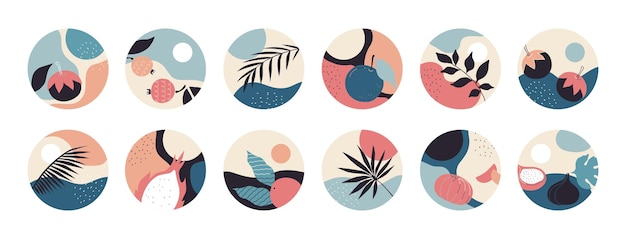 Forma redonda resalta iconos abstractos con diseño contemporáneo para la moda historia gráfica Social media círculo pancartas Doodle plantas minimalistas telón de fondo de ilustración vectorial