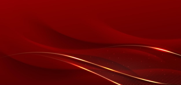 Forma roja curva 3D abstracta sobre fondo rojo con efecto de iluminación de líneas doradas