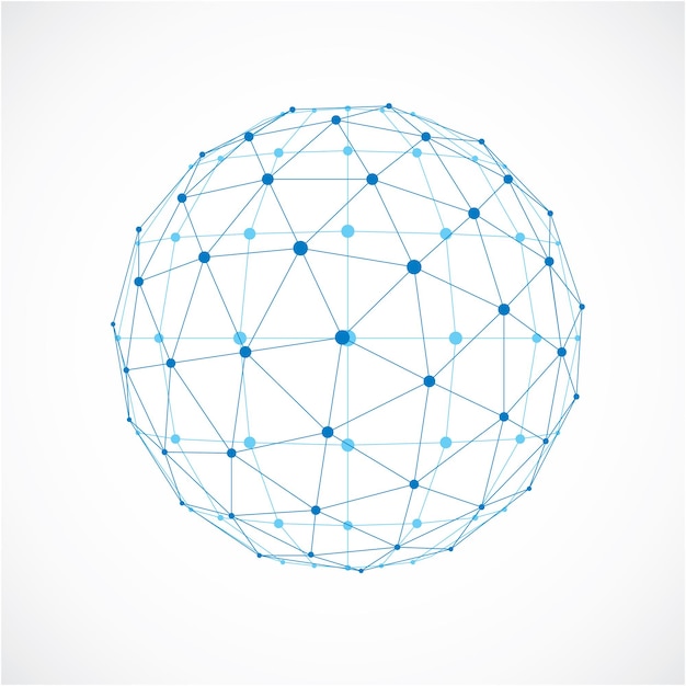 Forma de tecnología de perspectiva con líneas negras y puntos conectados, objeto de estructura poligonal. Elemento facetado azul abstracto para su uso como estructura de diseño en el tema de la tecnología de la comunicación