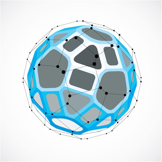 Forma de tecnología de perspectiva con líneas negras y puntos conectados, objeto de estructura poligonal. Elemento facetado azul abstracto para su uso como estructura de diseño en el tema de la tecnología de la comunicación