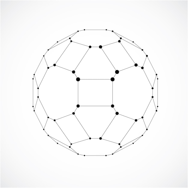 Forma de tecnología de perspectiva con líneas negras y puntos conectados, objeto de estructura poligonal. Elemento facetado monocromático abstracto para su uso como estructura de diseño en el tema de la tecnología de la comunicación