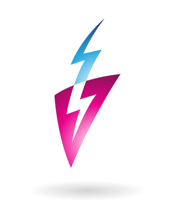 Vector forma de trueno azul que golpea en un icono de logotipo abstracto de triángulo magenta