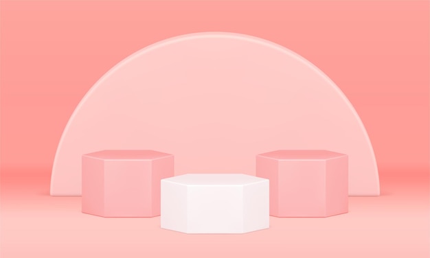 Forma de visualización pedestal geométrico rosa fondo 3d semicírculo prisma hexagonal escaparate vector