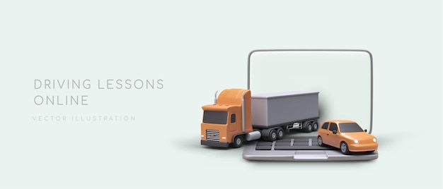 Formación a distancia de conductores Teoría y preparación para la práctica Permisos de conducción de varias categorías para turismos y camiones Publicidad con elementos 3D para páginas web de redes sociales