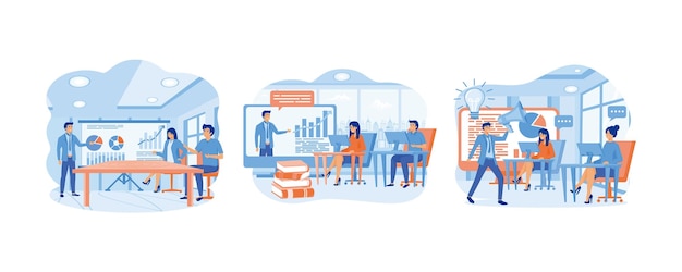 Formación empresarial en línea Mejoramiento de las habilidades de formación Estudiando a distancia en Internet Ilustración moderna de vector plano