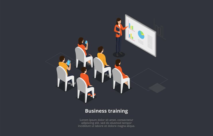 Vector formación empresarial o curso concepto ilustración vectorial. composición isométrica 3d con grupo de personas que estudian desde la pantalla